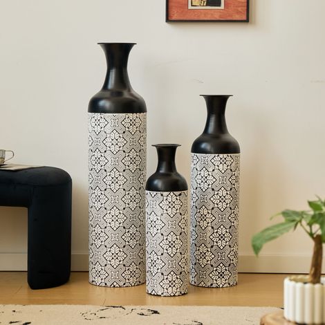 Ensemble de trois grands vases de sol (50/66/83 cm) - Grands vases décoratifs en métal avec des motifs géométriques, design moderne, adaptés comme jardinières décoratives d'intérieur pour les salons,