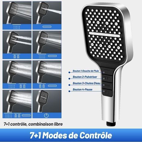 Soffione doccia ad alta pressione con 7 modalità, pulsante di spegnimento, regolazione con una sola mano e ugello in silicone anti-intasamento, soffione doccia grande (argento) -Crezuo