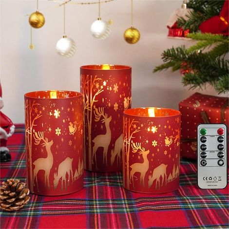 Set di 3 candele natalizie rosse con telecomando, a batteria, a forma di cervo, fiocco di neve, candele LED senza fiamma in vera cera (1/5)