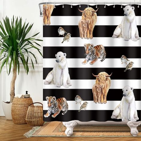 175x183cm Mignon Beau Animal Rideau de Douche Noir Blanc Rayures Ours Polaire, Oiseaux, Vache à Longues Cornes pour Enfant Salle de Bain avec Crochets (1/5)