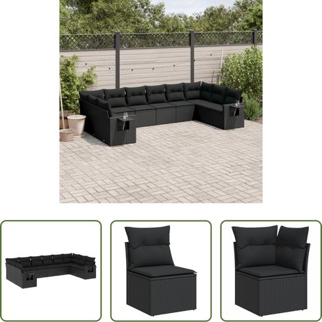 Gartensessel -  10-tlg. Garten-Sofagarnitur mit Kissen Schwarz Poly Rattan
