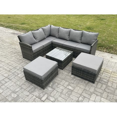 Fimous 8 places Ensemble de meubles de jardin en rotin Ensemble canapé d'angle aus Polyrattan avec Table basse carrée 2 Grands Tabourets Gris foncé mélangé (1/5)