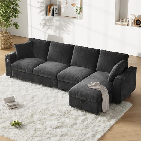 Divano a 4 posti, divano angolare a L con tavolo pieghevole, 2 portabicchieri, porta USB + Type-C, mobili per soggiorno/camera da letto, tessuto ciniglia, grigio (1/5)