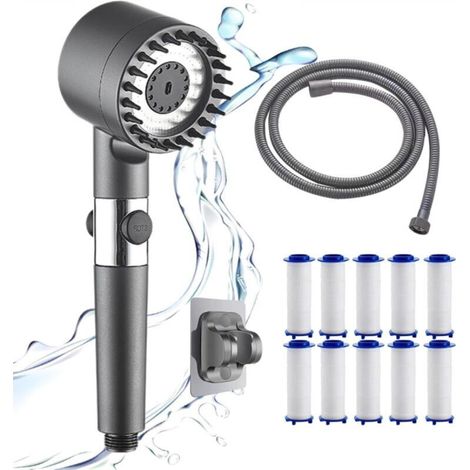 Anti-limescale shower head, high-pressure shower head, filtered shower head with filter, hand shower with 4 spray patterns, light gray (1/5)