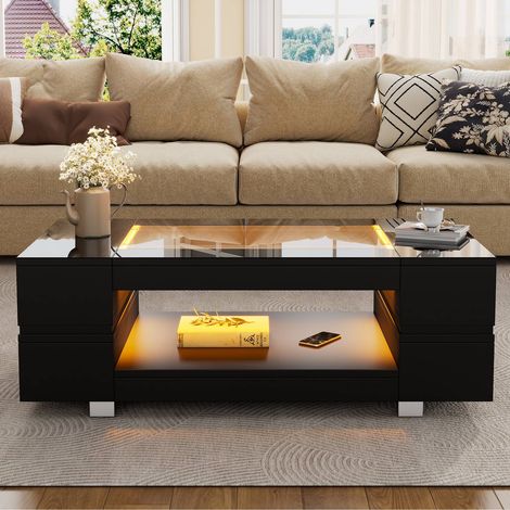 Table basse LED 100x50 cm noire avec contrôle bluetooth, double plateau creux et finition brillante (1/5)
