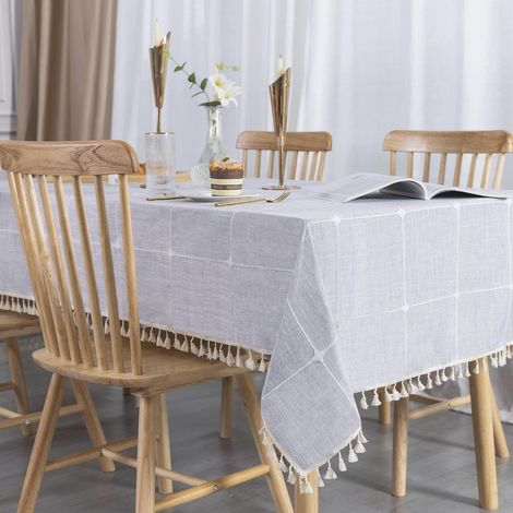 Tischdecke Leinen Grau 200x140 cm Abwaschbar mit Quasten für Küche & Esstisch