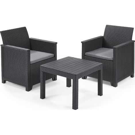 Keter – Set de jardin 2 fauteuils et table basse ouverte – Résine graphite résistante aux intempéries – Dimensions fauteuil 65x63x74cm – Idéal pour petits espaces (1/8)