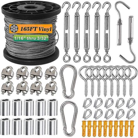 Kit de câble en acier de 1,6 mm (1/16 pouce), câble en acier inoxydable 304, câble en acier aéronautique revêtu de vinyle, kit de suspension pour guirlande lumineuse extérieure 7x7 brins avec vis de r (1/5)