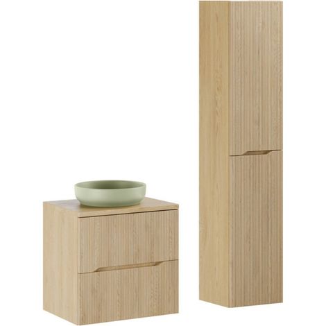 Insieme NATURA 95cm: mobile sotto lavabo 60cm + piano per lavabo + lavabo da appoggio rotondo verde + colonna