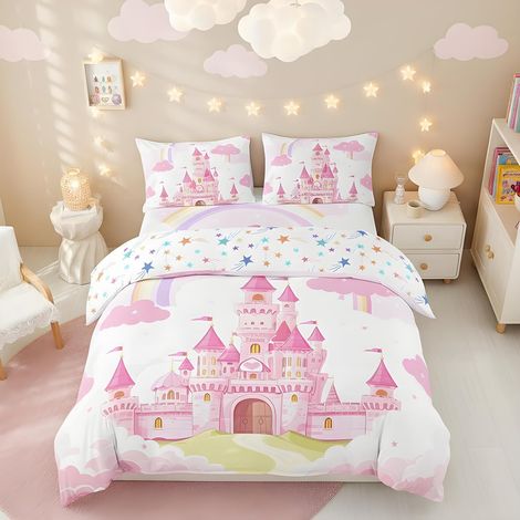 Enfants Château Rose Housse de Couette 140x200cm Garçons Filles Château Arc-en-Ciel Parure de Lit Filles Princesse Housse de Couette Contes de fées Literie Set 2 pièces (1/5)