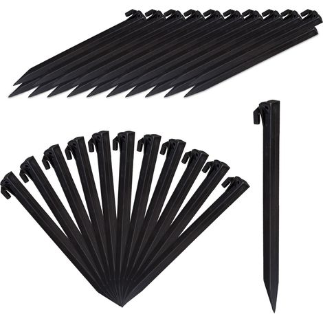 Relaxdays Piquet de fixation, lot de 32 sardines tente, piquet ancrage sol jardin 31 cm long, plastique, noir (1/6)