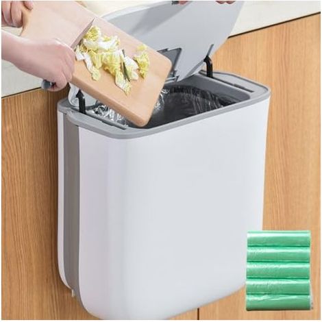 Poubelle de Cuisine Suspendue 10L avec Couvercle, Pliable et Gain de Place, Plastique Robuste pour Porte d'Armoire ou Camping-Car, Lot de 75 avec 5 Rouleaux de Sacs (1/4)