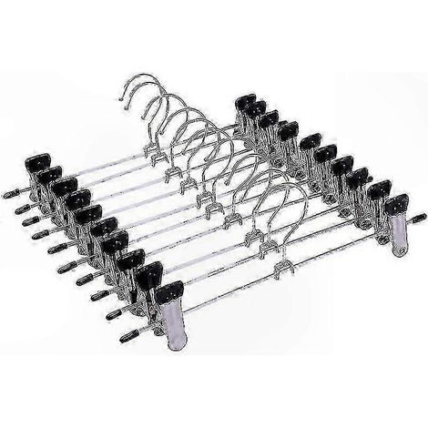 Lot de 10 cintres à pinces métalliques compatibles avec pantalons et jupes. Gain de place, design fin et robuste. Solution idéale pour organiser votre dressing. (1/2)