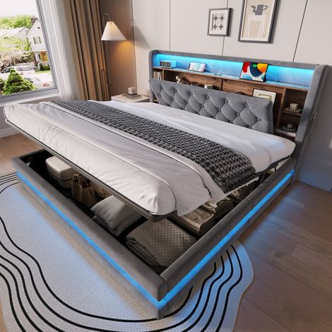 Letto contenitore 180 x 200 cm con testiera multifunzione, LED, USB e Type-C, grigio scuro DESVIAE (1/5)