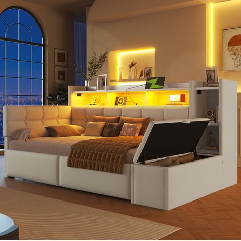 Letto daybed moderno in velluto bianco 90x190 cm con testiera, 2 cassetti, vano portaoggetti, LED, USB e Type-C (1/5)