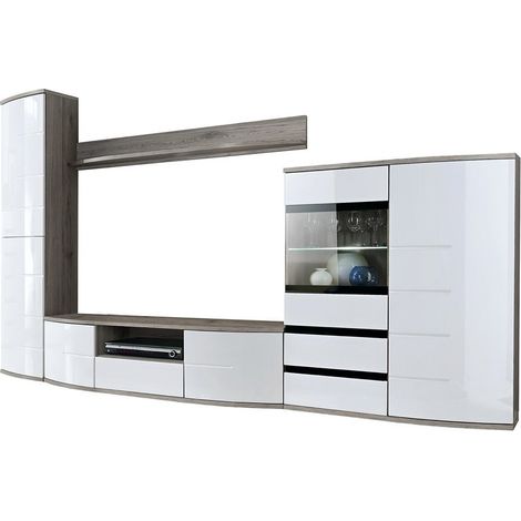 Composición de muebles para TV de diseño colección NOUK. Color blanco y acabado en roble. (1/3)