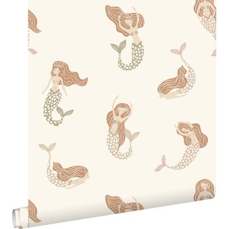 papier peint sirènes vert, vieux rose et terracotta - ESTAhome (1/5)