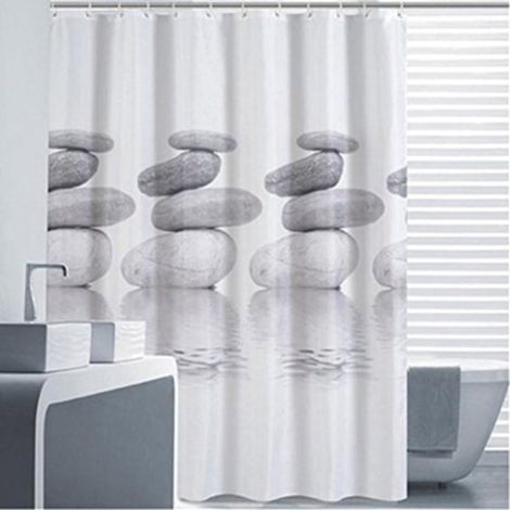 Rideau de douche 200x200 cm gris galet, textile imperméable et anti-moisissure, voilage de bain résistant à l'eau, grande tenture de douche 200200, tissu déperlant. (1/5)