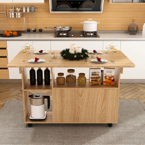 Mesa plegable móvil de 110x70 cm 3-en-1 con almacenamiento y 5 ruedas, para cocina, MDF efecto - roble claro (1/5)