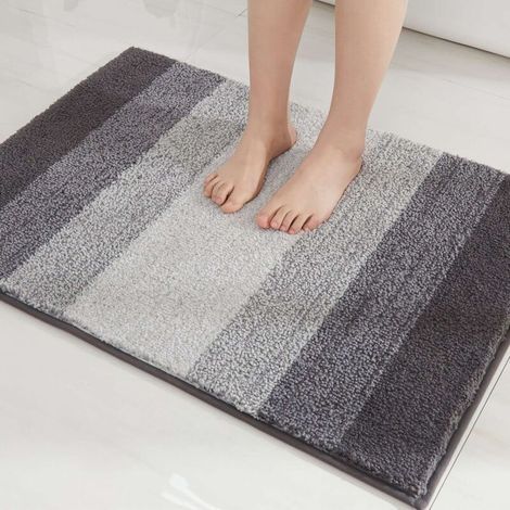 Tapis de bain antidérapant gris/noir, 40 x 60 cm, en microfibre douce à rayures, absorbant. (1/2)