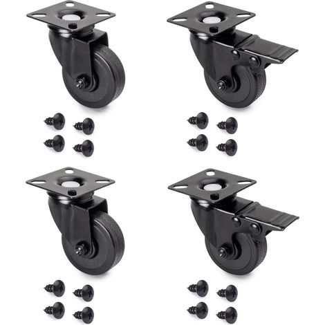 Emuca – Lot de 4 roulettes 50mm avec frein – Charge 35kg – Montage par platine – Roulements à billes pour glissement silencieux