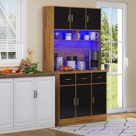 Buffet lumineux LED 100x40x180cm, pilotable via application, tiroirs, étagères ajustables, passe-câbles et prises, parfait pour cuisine ou salle à manger.
