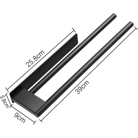 Toallero doble negro mate，39 cm，No requiere taladrar，Acero inoxidable，Barra para toallas de baño，Impermeable，Duradero y resistente (1/4)