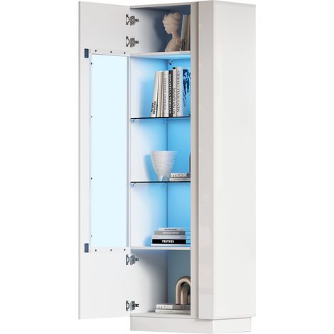 Vetrina Alta 60x40x180 cm, Mobile Alto con Anta in Acrilico, con Illuminazione a LED e 3 Ripiani in Vetro, Bianco, per Soggiorno