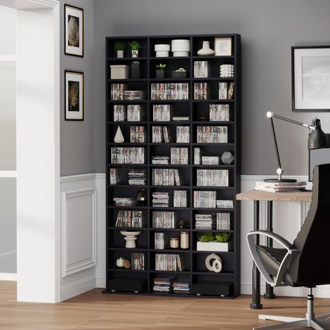 CD- und DVD-Regal, max. Kapazität 1116 CDs/528 DVDs, 36 Fächer und verstellbare Einlegeböden, für Büro, Wohnzimmer, Schlafzimmer, 102 x 23,5 x 195 cm, schwarz