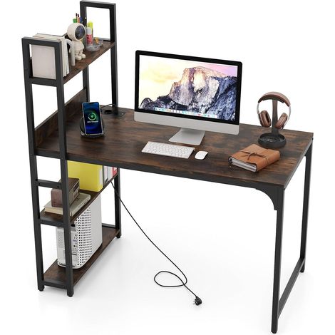 COSTWAY Bureau d'Ordinateur avec Multiprise, Table d'Étude de 120 cm avec Bibliothèque, Port USB A, Port Type-C, Cadre Métallique, Poste de Travail pour Bureau à Domicile (1/3)
