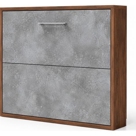 Lit escamotable horizontal KLIKA - Sommier à lattes - Poignée acier brossé 54cm Noyer Matelas mousse 18 cm-Avec matelas-120x190-Cadre Noyer-Façade Gris ciment (1/5)