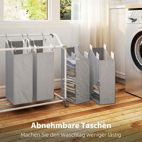 Panier à linge 4 compartiments 160 L, collecteur de linge sur roulettes, sac à linge amovible, 97 x 38 x 81 cm, Gris (1/5)