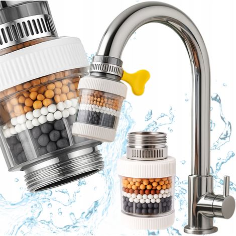 Filtro de agua para grifo con bolas giratorias que elimina contaminantes metálicos.