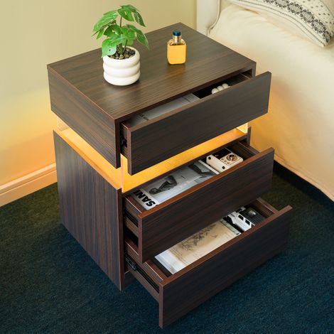 Table de chevet meuble rangement LED 3 tiroirs noyer OKMYHOME (1/5)