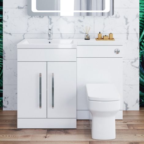 ELEGANT 1100mm L Shape Bathroom Vanity Sink Unit Storage,Left Hand High Gloss White Vanity unit + Basin + Ceramic Square Toilet with Concealed Cistern