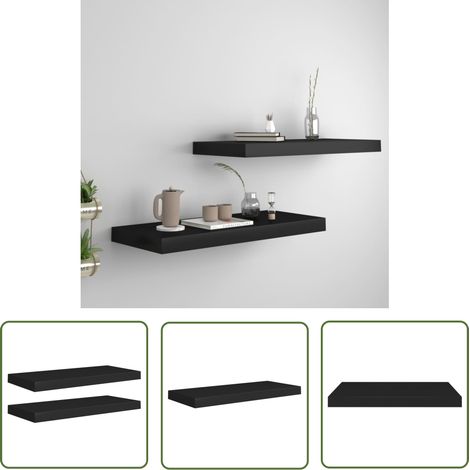 The Living Store Étagères murales flottantes 2 pcs noir 60x23,5x3,8 cm MDF - Étagères Murales - Étagères Flottantes - Décoration Murale - Rangement Mural - Meubles Noirs (1/5)