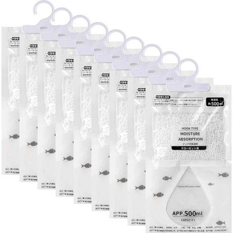 Lot de 9 déshumidificateurs à suspendre pour penderie - 100 g - Sac déshydratant anti-moisissure - Pour cave, chambre à coucher, buanderie，Blanc