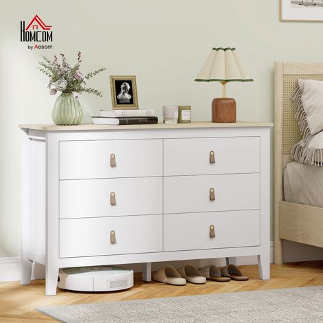 Commode chambre 6 tiroirs poignées en faux cuir - Dimensions: 120x40x78 cm - Couleur: Blanc