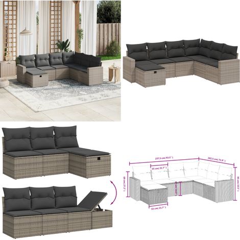 Salon de jardin avec coussins 7 pcs gris résine tressée - Ensemble Salon De Jardin - Salon De Jardin Extérieur - Mobilier De Jardin - Canapé Jardin - Chaise Lounge - Home & Living