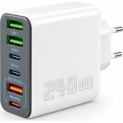 Chargeur USB C 240W 6 Ports, Chargeur Multiple USB avec 3 USB-C et 3 USB-A Prise Multiple USB C QC5.0, Adaptateur Secteur Multiport Compact pour Tablette Écouteurs Bureau Voyage (1/5)