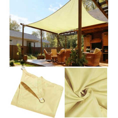Vela de sombra rectangular de 4 m x 4 m, de poliéster impermeable (PES), con protección UV del 98%, ideal para patio o jardín. Incluye cuerdas para dar sombra. Color beige. (1/5)