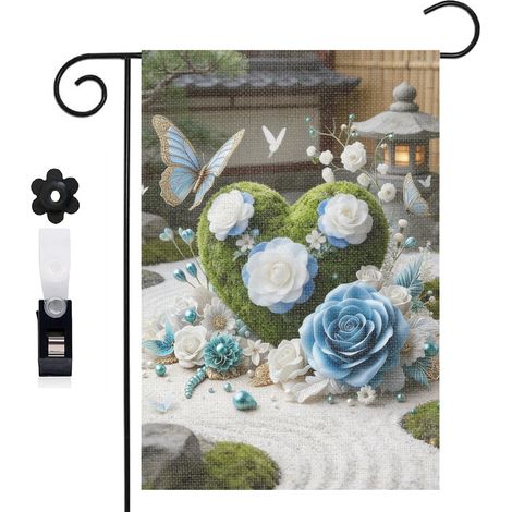 Drapeau vertical cœur et papillons bleus pour le jardin 30 x 45 cm décoration saisonnière extérieure (1/5)