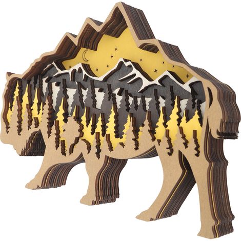 Ornement en bois sculpté avec lumière, sculpture animale 3D en bois avec lumières pour décorations d'Halloween, bison (1/5)