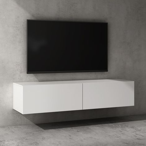 doporro Mueble de TV para Salón de 140cm en Blanco Mate Mesa TV, con Puerta Abatible hacia Abajo, Mueble de TV flotante, Estante TV 02
