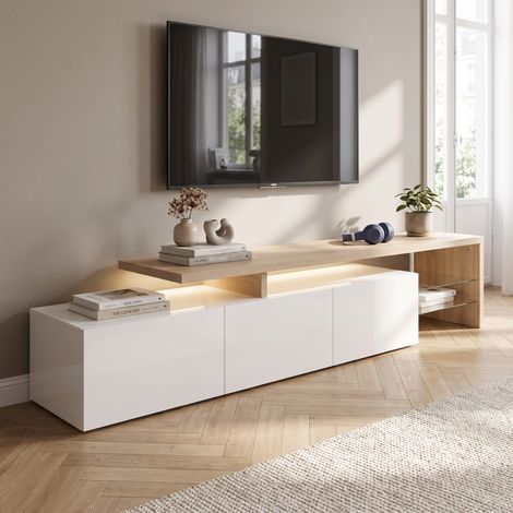 Meuble TV 200 cm avec LED 7 couleurs, Étagères en verre et rangements, Bois, Moderne, Blanc et Bois (1/5)