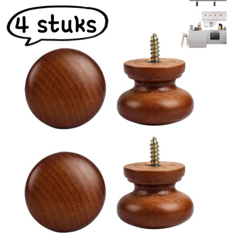 Ensemble de 4 poignées de meuble en bois massif marron forme champignon rondes à un trou pour tiroirs armoires et penderies installation facile et design décoratif (1/5)