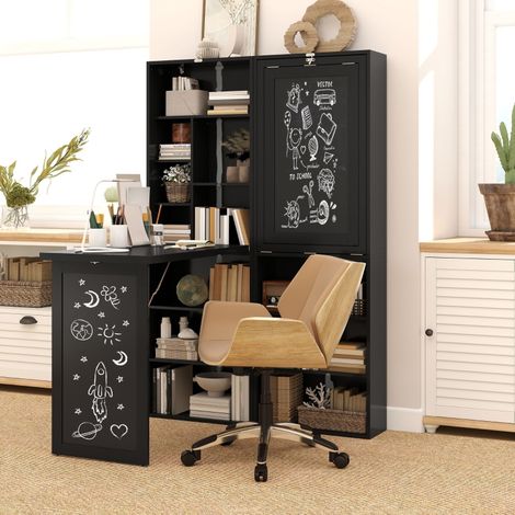 Bureau pliant moderne avec bibliothèque et tableau noir, en bois et métal, 98 x 51 x 153 cm, noir (1/4)