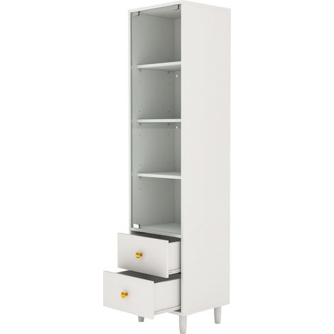 Vitrine blanche avec éclairage LED, 2 tiroirs et portes vitrées, meuble de rangement moderne H165 x L40 x P35 cm (1/5)