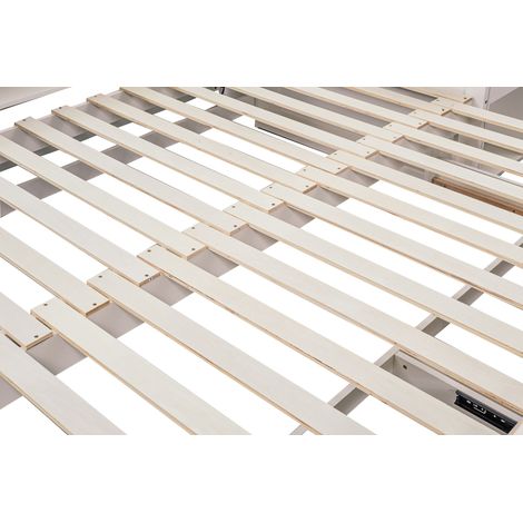 Meuble tout en un en L lit bureau rangement sommier lattes tête lit rembourrée tiroirs étagères bois massif MDF petit appartement télétravail (1/5)