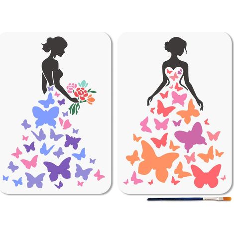 2 pochoir Réutilisable en Forme de Robe Papillon Format A4 pour Femme Mariée pour Peinture 21 x 29.7cm Motif Floral avec Pinceau pour Mur Meubles Papier Toile Scrapbooking Décoration (1/5)